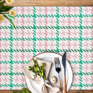 Spring Placemats Set of Six, Easter Placemats Set of 4 6 8, Pink and Green Spring Table Decor, Easter Basket Weave Printed Fabric Placemats