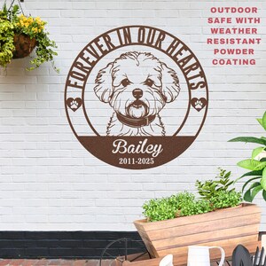 Puede incluir: Un letrero met&aacute;lico marr&oacute;n con el texto "FOREVER IN OUR HEARTS" que rodea una ilustraci&oacute;n de un perro. El nombre del perro, "Bailey", y las fechas "2011-2025" est&aacute;n debajo. El letrero est&aacute; montado en una pared de ladrillos blancos.