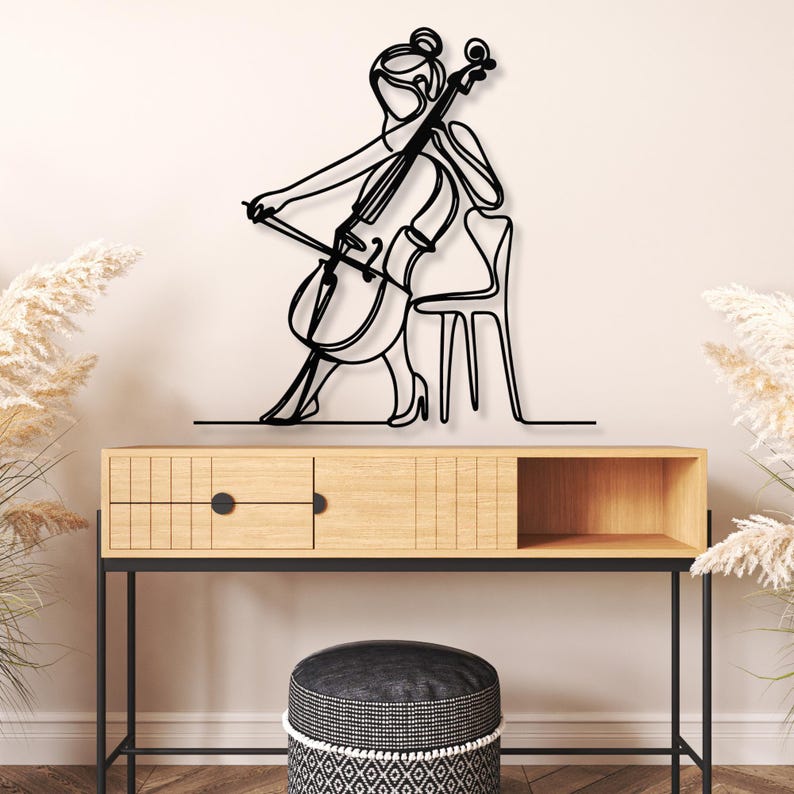 Cello speler metalen muur kunst, vrouwelijke cellist metalen bord, klassiek snaarinstrument muzikant metal kunst, orkest metalen muur hangend decor afbeelding 1