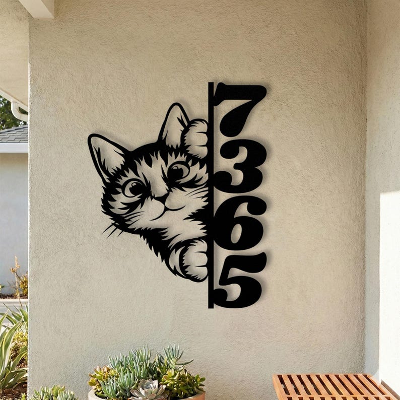 Black cat vertical house number sign, peeking kitty metal address plaque.