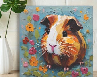 Guinea Pig Art Print on Framed Canvas or Poster Paper, Original Oil Painting Artwork, Cute Animal & Flowers, Gift For Guinea Pig Owner Lover