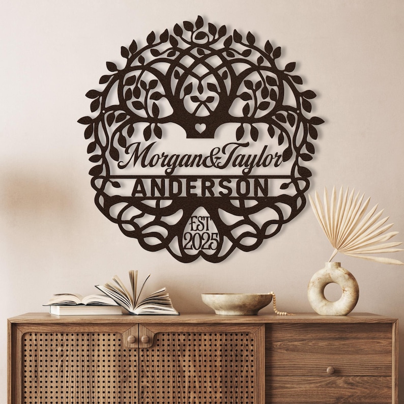 Personalized Wedding Gift for Couple, Metal Established Sign, Custom Marriage Date Sign, Family Tree of Life Metal Wall Art, Metal Name Sign image 1