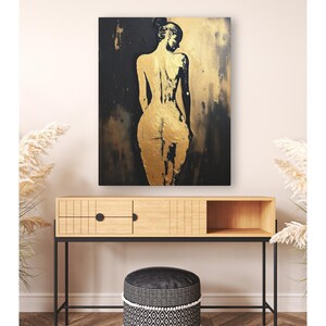 Pintura abstracta de figura femenina, retrato de espaldas, impresión artística de pared con silueta femenina, decoración moderna contemporánea en dorado y negro para el hogar. imagen 8