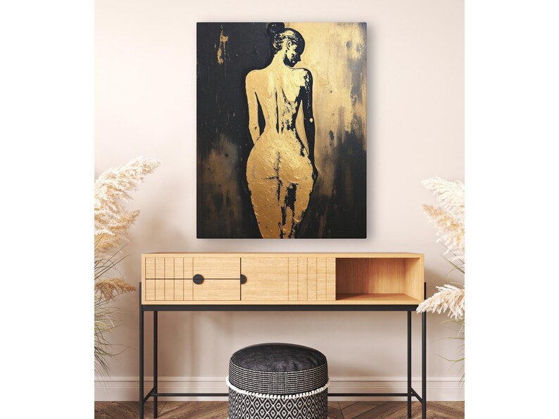 Pintura abstracta de figura femenina, retrato de espaldas, impresión artística de pared con silueta femenina, decoración moderna contemporánea en dorado y negro para el hogar. imagen 8