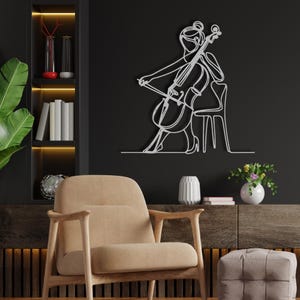 Cello speler metalen muur kunst, vrouwelijke cellist metalen bord, klassiek snaarinstrument muzikant metal kunst, orkest metalen muur hangend decor afbeelding 11