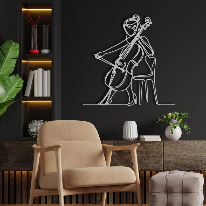 Cello speler metalen muur kunst, vrouwelijke cellist metalen bord, klassiek snaarinstrument muzikant metal kunst, orkest metalen muur hangend decor afbeelding 11