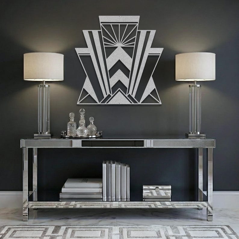 Silver Art Deco Wall Art, Hollywood Regency Decor, Glamorous Geometric Metal Sign, Luxe Entryway Statement Piece, Elegant Home Accent image 1