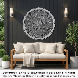 Silver metal circular outdoor patio decor, weatherproof wood grain tree slice sign