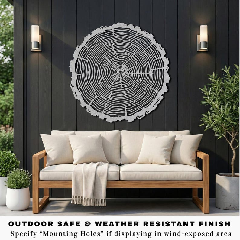 Silver metal circular outdoor patio decor, weatherproof wood grain tree slice sign