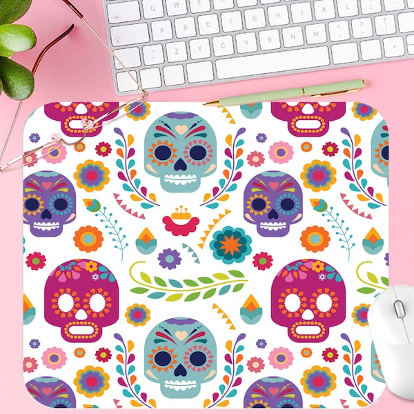 Mexican Sugar Skull Mouse Pad, Floral Calavera Mousepad, Day Of The Dead Flower Folk Art Thick Computer Keyboard Small Desk Mat