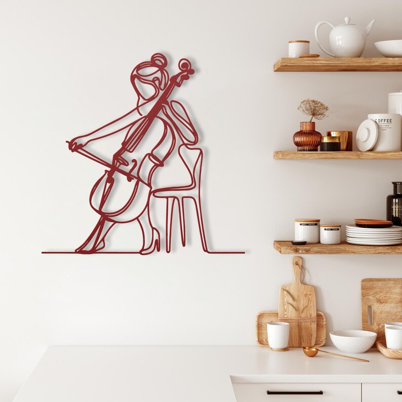 Cello speler metalen muur kunst, vrouwelijke cellist metalen bord, klassiek snaarinstrument muzikant metal kunst, orkest metalen muur hangend decor afbeelding 10