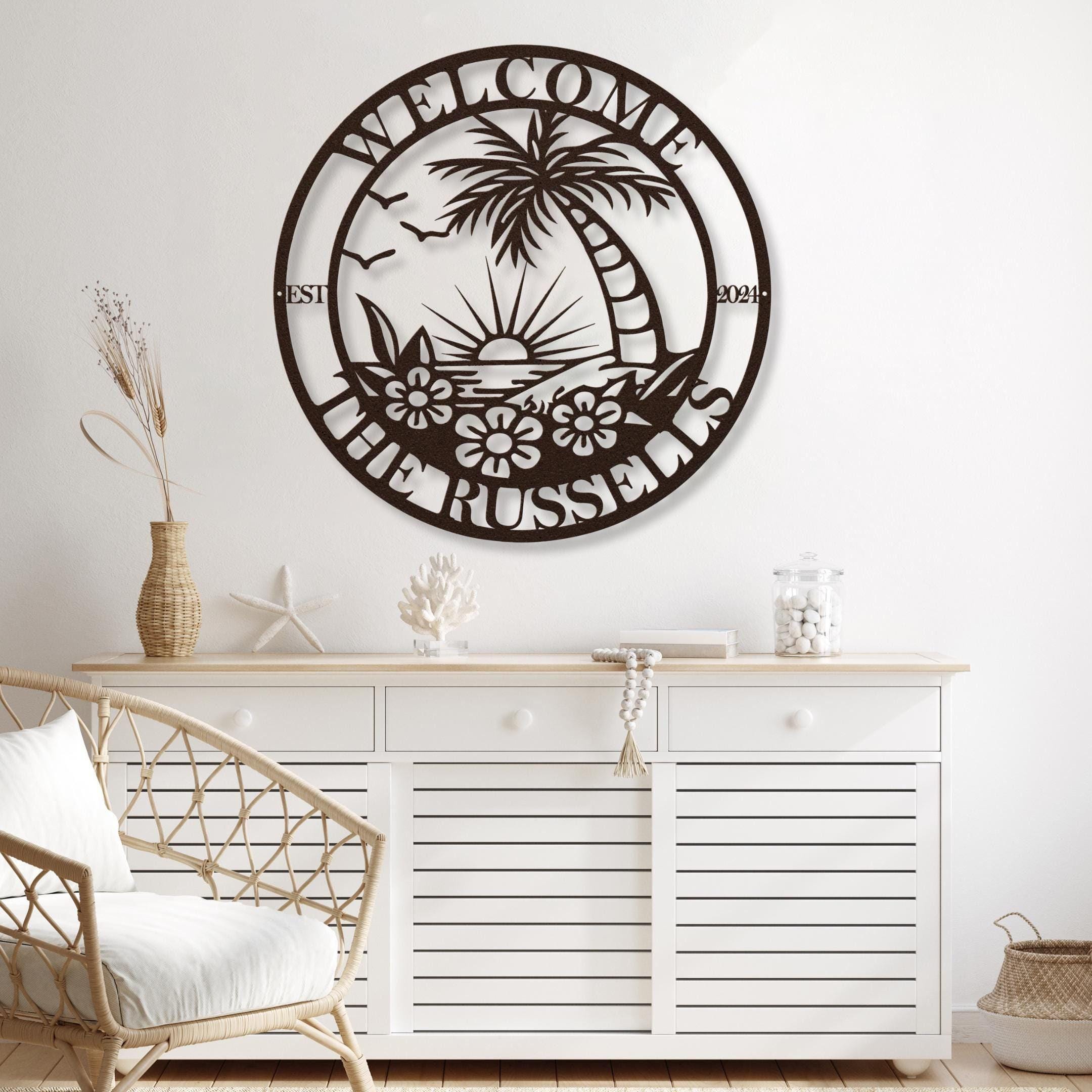 Custom Beach House Sign, Personalized Outdoor Porch Sign, Tropical Welcome Sign with Palm Trees & Sun, Coastal Beach House Housewarming Gift