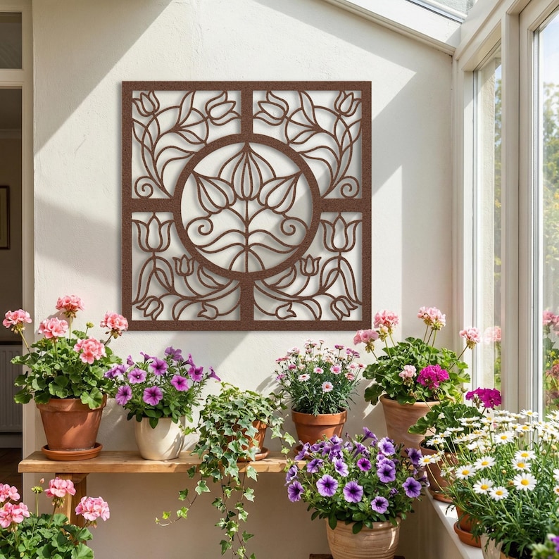 Rustic hammered copper metal faux window for sunroom, cottagecore garden decor.
