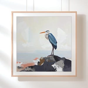 Pintura de garza azul grande sobre lienzo o póster, impresión artística de pared, obra de arte abstracto de paisaje costero neutro y apagado, decoración moderna de aves marinas oceánicas imagen 7
