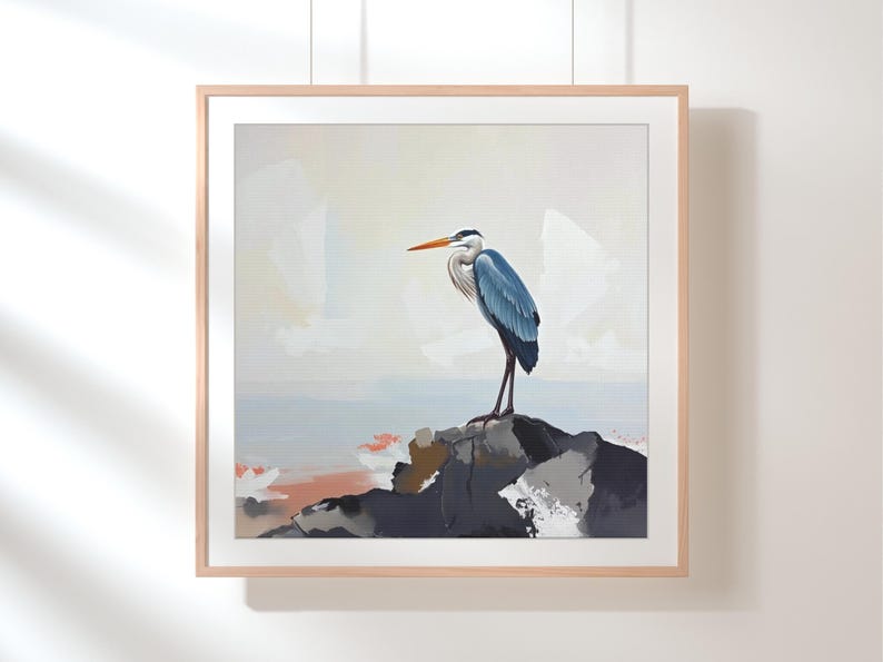 Pintura de garza azul grande sobre lienzo o póster, impresión artística de pared, obra de arte abstracto de paisaje costero neutro y apagado, decoración moderna de aves marinas oceánicas imagen 7
