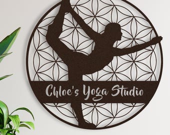 Personalized Yoga Sign, Yoga Room Wall Decor, Yoga Studio Sign Wall Art, Flower of Life Metal Wall Art, Custom Yoga Gift, Zen Gift for Yogi