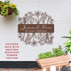 30th Wedding Anniversary Gift for Parents, 30 Years Together Wildflower Metal Name Sign Wall Art, Custom Flower Anniversary Gift for Husband image 2