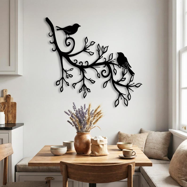 Black silhouette two birds art, kitchen wall decor ideas.