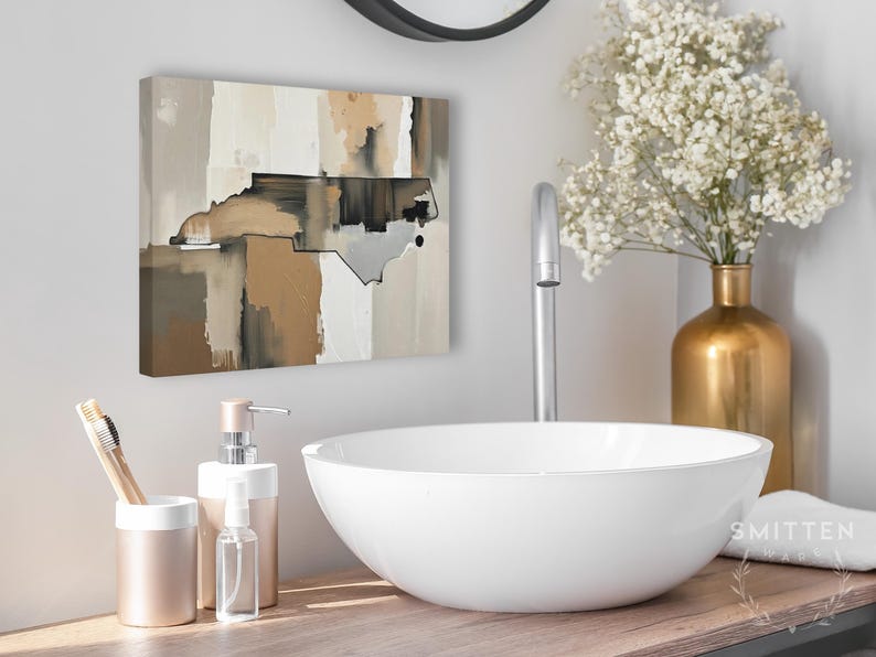 Abstract North Carolina State Silhouette Wall Art Print, Modern Minimalist Painting in Neutral Muted Color Artwork, Brown Beige Gray Decor image 10