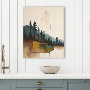 Abstract New Hampshire State Silhouette Wall Art Print, Mountain Pine Tree Forest Landscape Painting, Muted Color Green Blue & Beige Artwork image 6