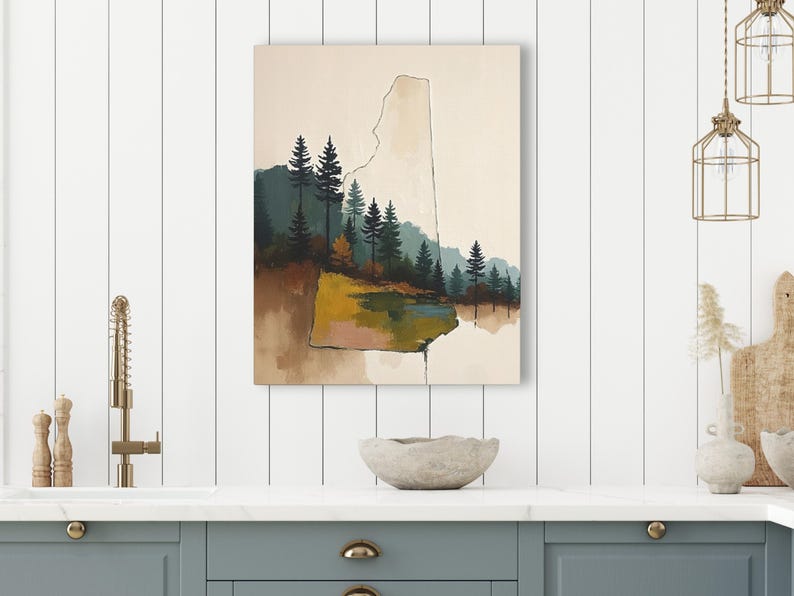 Abstract New Hampshire State Silhouette Wall Art Print, Mountain Pine Tree Forest Landscape Painting, Muted Color Green Blue & Beige Artwork image 6