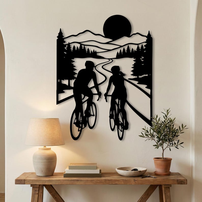 Black bicycle wall art, oversized wall art metal mountain sign over modern console table