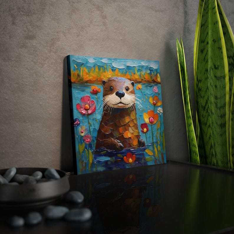 Otter Art Print • Whimsical Folk Art Painting • Eclectic Wall Decor • Woodland Animal & Flowers • Framed Canvas Poster Gift For Otter Lover Bild 5