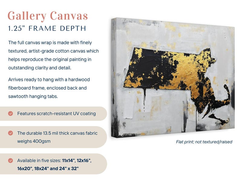 Abstract Massachusetts State Silhouette Wall Art Print, Modern Minimalist Painting In Gold Black And Gray Color Urban Grunge Artwork Decor image 2