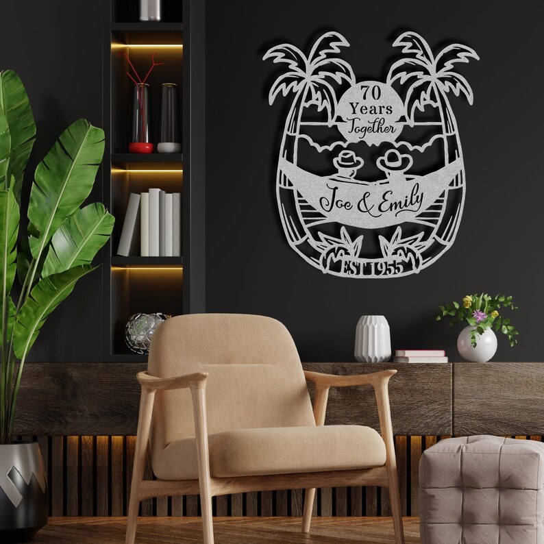 70th Anniversary Gift for Parents, 70 Years Together Tropical Beach Sunset Metal Name Sign Wall Art, Wedding Anniversary Gift for Couple image 10