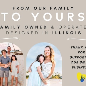 Puede incluir: Gr&aacute;fico con el texto "DE NUESTRA FAMILIA A LA TUYA" y "FAMILIA PROPIETARIA Y OPERADA DISE&Ntilde;ADA EN ILLINOIS". La imagen incluye fotos familiares y el mensaje "&iexcl;GRACIAS POR APOYAR A NUESTRA PEQUE&Ntilde;A EMPRESA!"