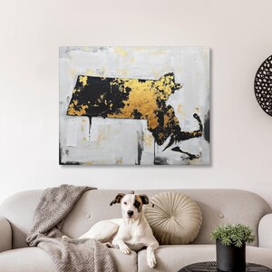 Abstract Massachusetts State Silhouette Wall Art Print, Modern Minimalist Painting In Gold Black And Gray Color Urban Grunge Artwork Decor image 7