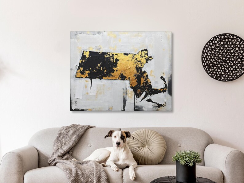 Abstract Massachusetts State Silhouette Wall Art Print, Modern Minimalist Painting In Gold Black And Gray Color Urban Grunge Artwork Decor image 7
