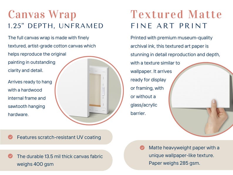 The image is a comparison between two types of art prints: a canvas wrap and a textured matte fine art print.