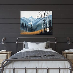 Birch Tree Painting, Neutral Mountain Landscape Art Print, Muted Blue Green Forest River Valley Nature Scene Wall Art, Fall Home Wall Decor Bild 6