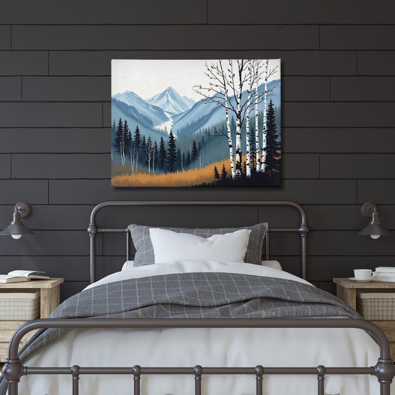 Birch Tree Painting, Neutral Mountain Landscape Art Print, Muted Blue Green Forest River Valley Nature Scene Wall Art, Fall Home Wall Decor Bild 6