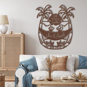 50th Anniversary Gift for Parents, 50 Years Together Tropical Beach Sunset Metal Name Sign Wall Art, Wedding Anniversary Gift for Couple image 2