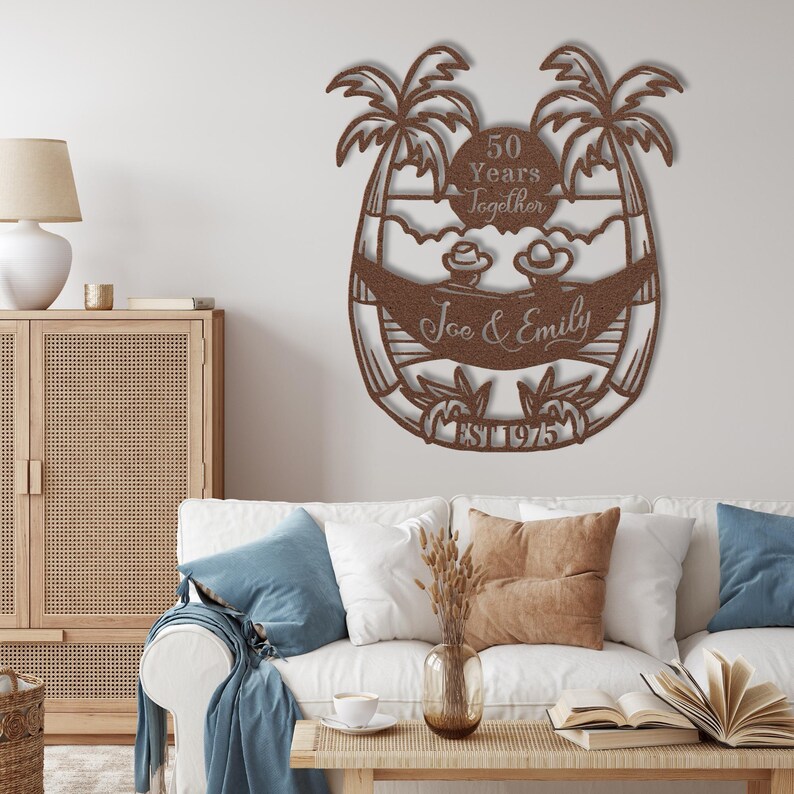 50th Anniversary Gift for Parents, 50 Years Together Tropical Beach Sunset Metal Name Sign Wall Art, Wedding Anniversary Gift for Couple image 2