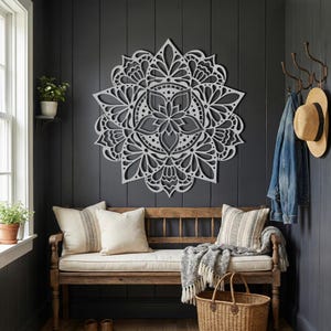 Silver large mandala sculpture, rustic farmhouse entryway decor.