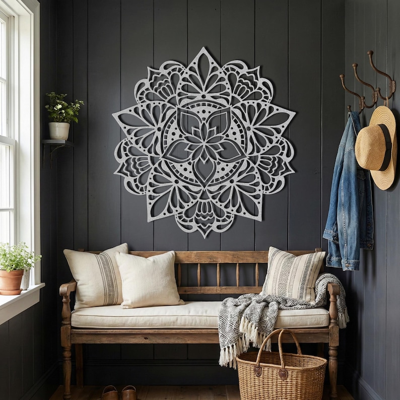 Silver large mandala sculpture, rustic farmhouse entryway decor.