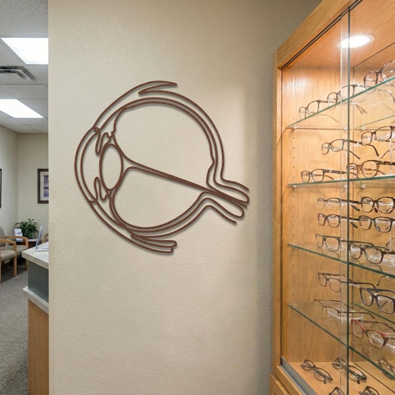 Rust patina anatomical eye wall art hanging in an optician's dispensary next to glasses display case.