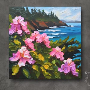 Washington Coast Painting Rhododendron Art on Canvas Wall Art Print, Washington State Flower Landscape Artwork Home Decor Gift image 1