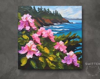 Washington Coast Painting Rhododendron Art on Canvas Wall Art Print, Washington State Flower Landscape Artwork Home Decor Gift