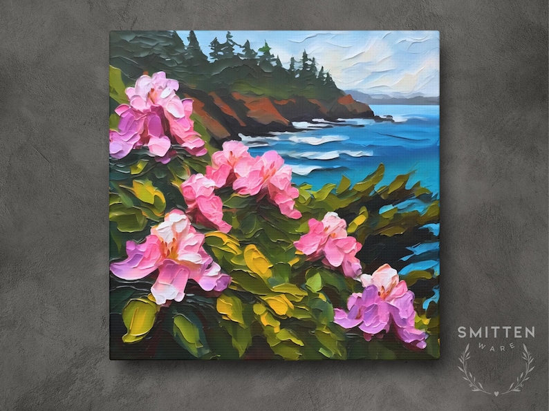 Washington Coast Painting Rhododendron Art on Canvas Wall Art Print, Washington State Flower Landscape Artwork Home Decor Gift image 1