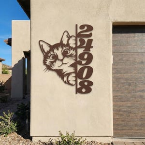 Rustic dark hammered copper metal custom address sign, funny cat outdoor decor.