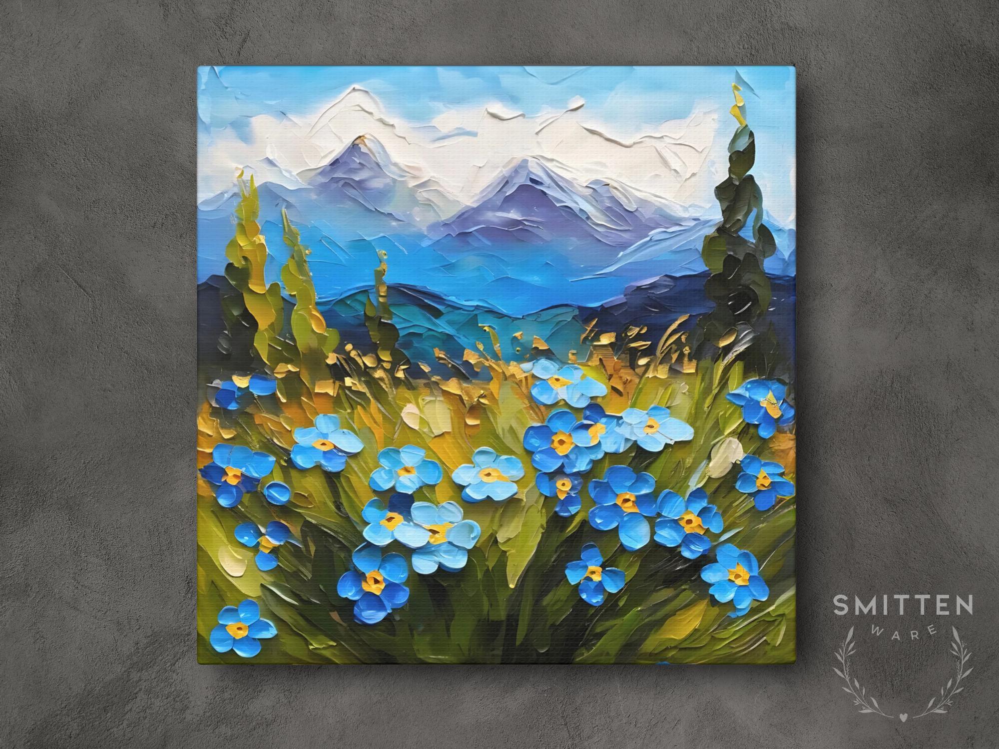 Forget Me Not Alaska Landscape Painting on Canvas Wall Art Print, Blue Alaska State Flower Original Painting Artwork Decor