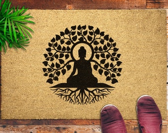 Buddha Tree of Life Doormat: Zen Welcome Mat, Coir Outdoor Entryway Rug Porch Decor