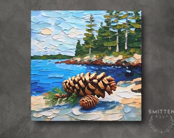 Maine Coastal Wall Art on Canvas Art Print, White Pine Cone Maine State Flower Symbol Landscape Painting Home Decor Gift