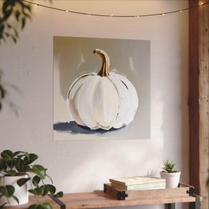 Pintura abstracta de calabaza blanca, decoración de pared otoñal en tonos beige y gris neutros, impresión artística otoñal de estilo rústico moderno, arte minimalista de Halloween en colores apagados imagen 9