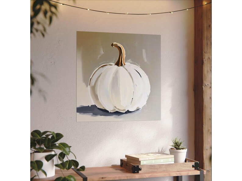 Pintura abstracta de calabaza blanca, decoración de pared otoñal en tonos beige y gris neutros, impresión artística otoñal de estilo rústico moderno, arte minimalista de Halloween en colores apagados imagen 9