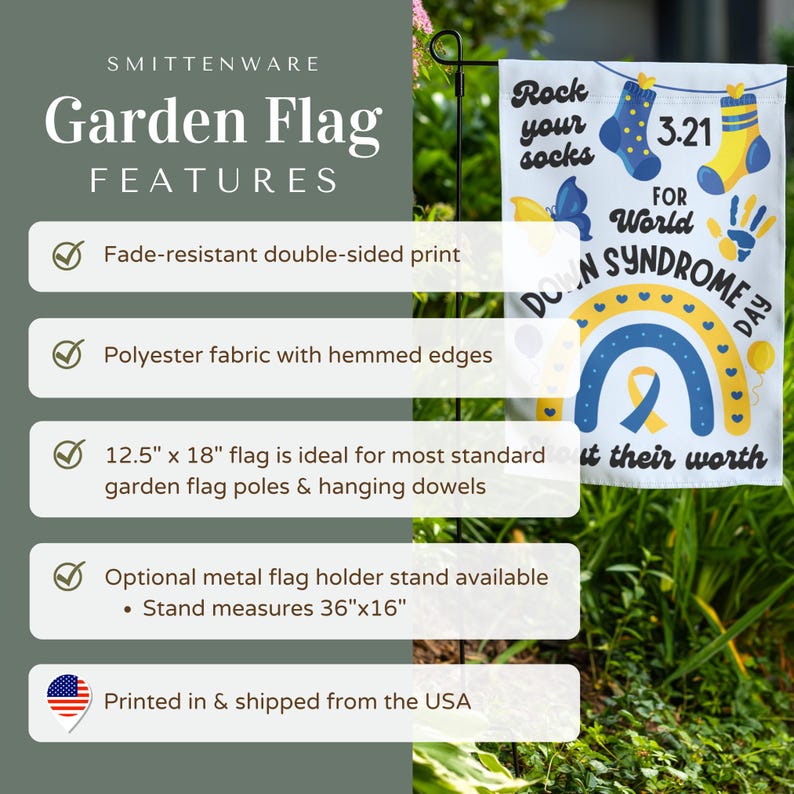 K&ouml;nnte beinhalten: Eine wei&szlig;e Gartenflagge mit einem Regenbogen, einem gelben Band und dem Text "Rock your socks 3.21 for World Down Syndrome Day" und "Out their worth".